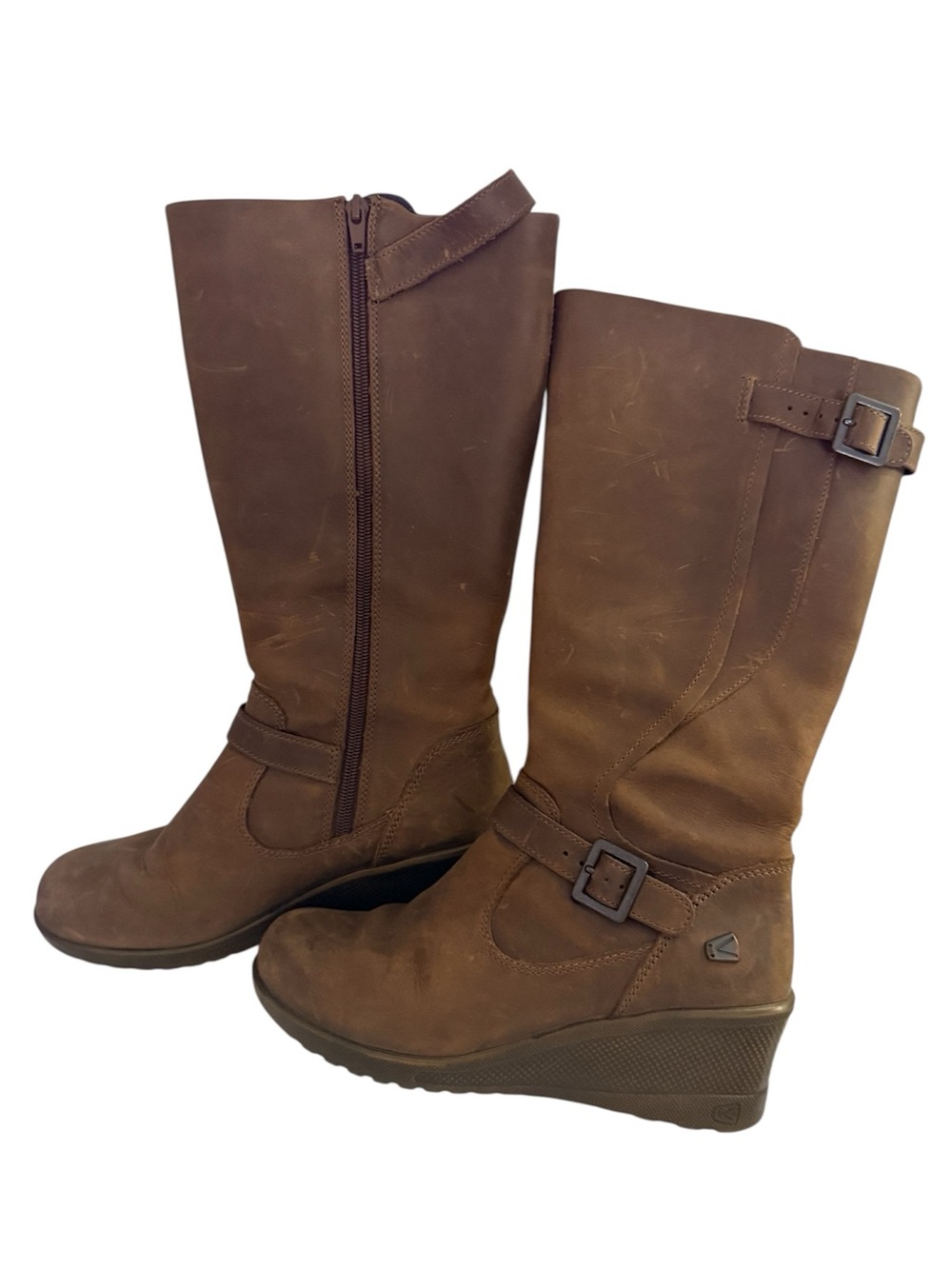 Keen Brown Tall Brown Leather Wedge Buckle Boots, size 7.5